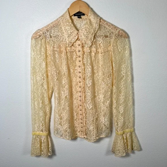 Vintage Womens Victorian Lace Button Up Top Sz S Coquette Bell Sleeve Ivory Y2K - Picture 12 of 12